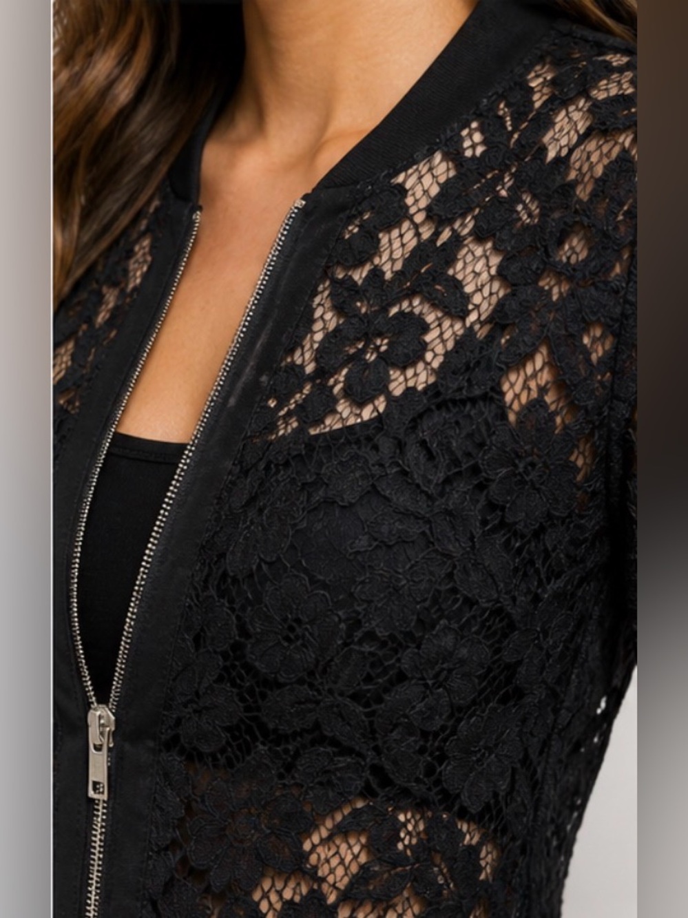 BCBG Max Azria Black Lace Jacket Zip Front Sheer Floral Overlay Medium - Picture 4 of 7